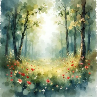 The primary subject of the image is a forest filled with trees and flowers. The setting is a lush green forest with a sunny atmosphere. The visual style is a painting, which gives the scene a vibrant and natural appearance. The colors and mood are predominantly green, with the flowers adding pops of color, creating a serene and peaceful environment.
